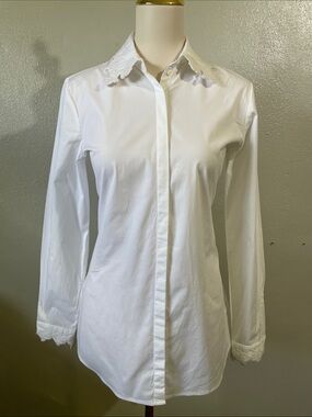 Quiet Luxury Stretch White Floral Appliqué Collar Cuffs Blouse Anne Fontaine Sm
